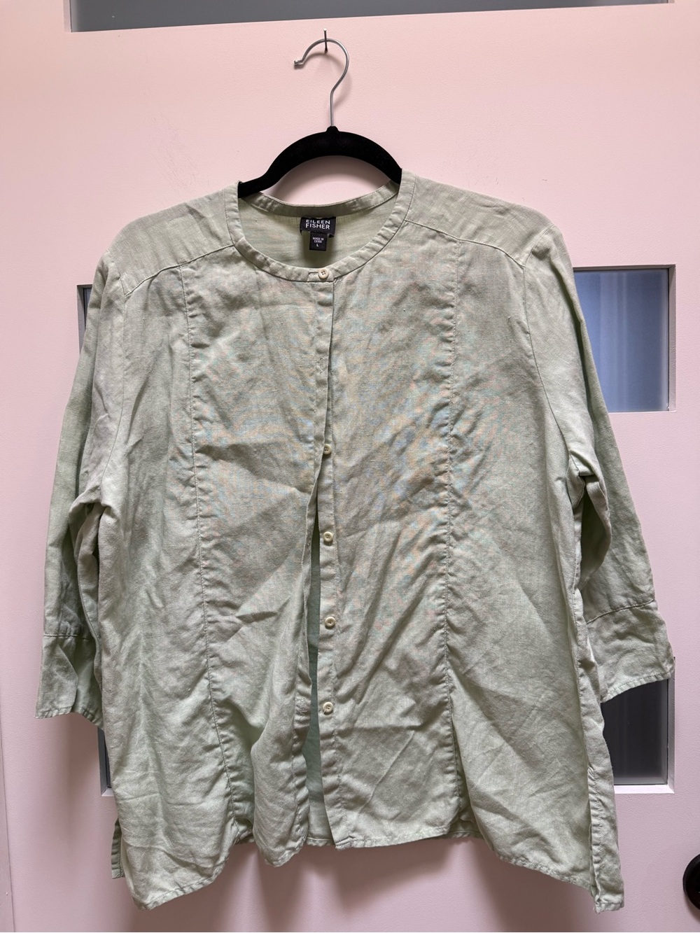 Eileen Fisher Pale Sage Round-Neck Button-Front Shirt Jacket with 3/4 sleeves.